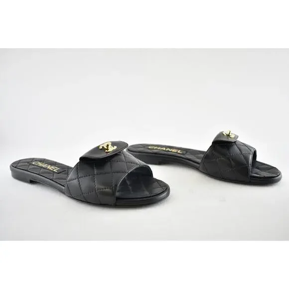 Chanel REV Black Turnlock Quilted Gold CC Logo Mules Slide Sandal Flop Flat 37 - Picture 3 of 12